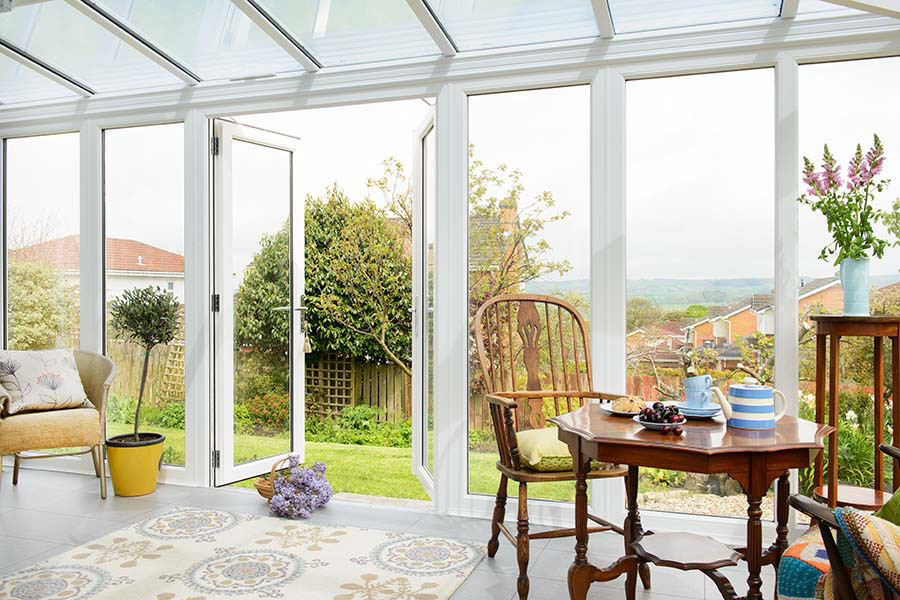 White PVCU Leanto Interior with French Doors  Solaroof Glass Roof