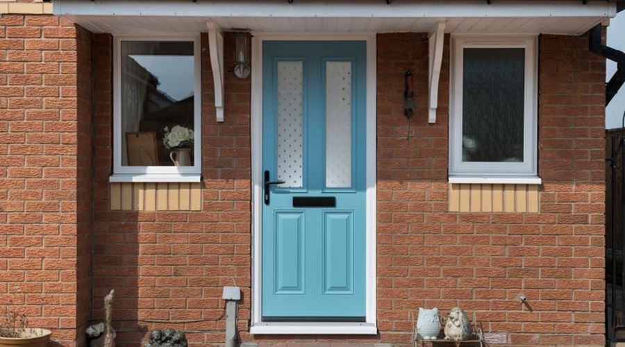 Duck Egg Blue coloured composite front door Anglian Home Improvements