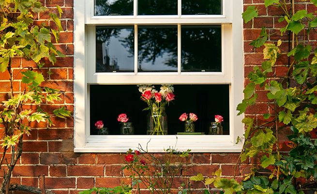 Single white wooden sash window with cottage bars and flowers in the window from Anglian Home Improvements