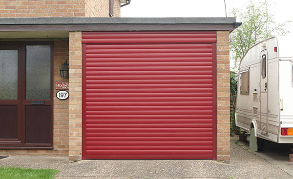 Single aluminium roller garage door in Red from Anglian Home Improvements