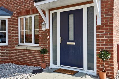 Contemporary composite front door finished in Cobalt Blue from the Anglian composite door range