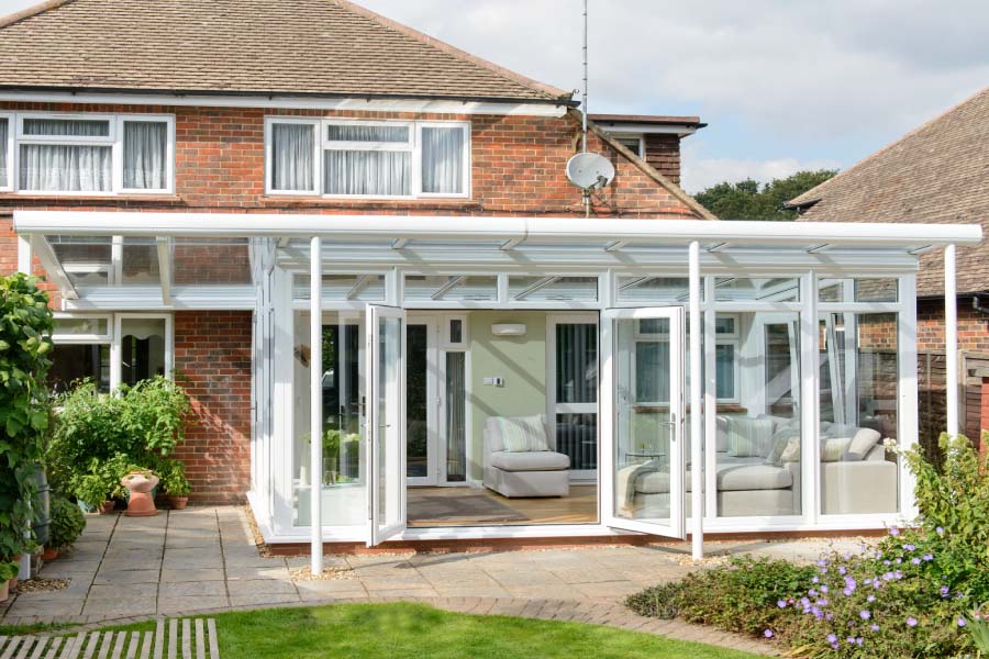 White uPVC Veranda Conservatory Exterior in Open Position