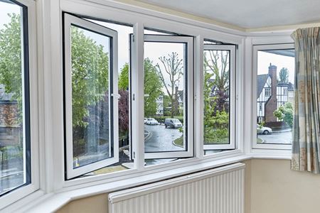 Interior view of white timber flush casement window from the Anglian timber flush window range
