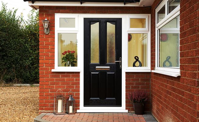 Black traditional composite front door with Pelerine obscure glass from the Anglian composite front door range