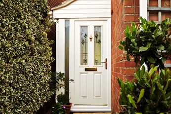 White uPVC traditional front door with decorative etched glass from the Anglian front door range