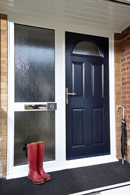 Traditional composite front door finished in Steel Blue with obscure glass from the Anglian composite door range
