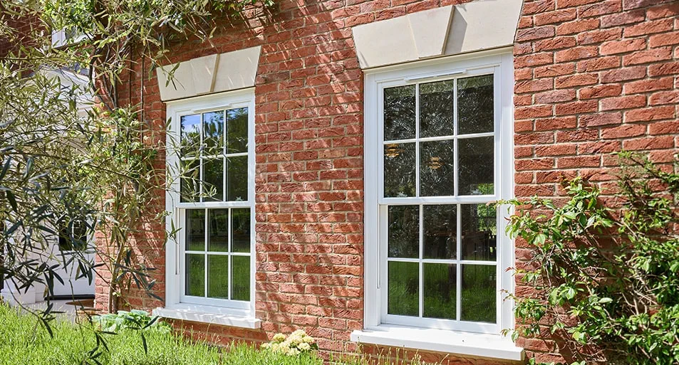 White uPVC Sliding Sash Windows in a Georgian Chequerboard Design on a Red Brick House