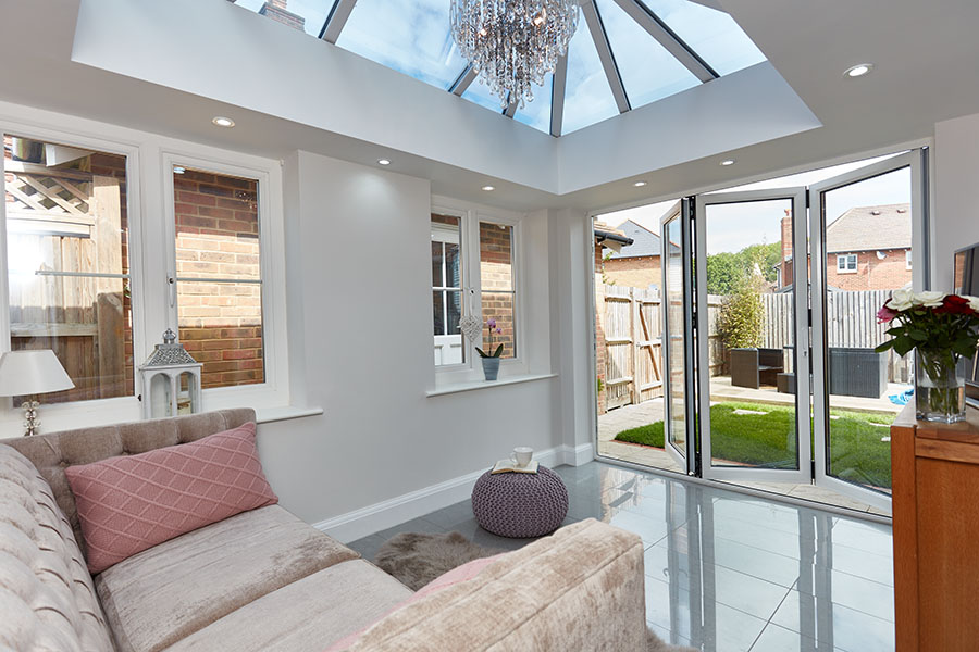 White bifold door on orangery conservatory