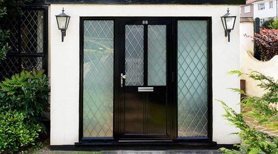 Freshford Black aluminium front door with side panels and lead bars Anglian Home Improvements
