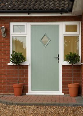 Sage Green cottage composite front door with side uPVC casement windows from the Anglian windows and doors range