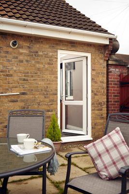 White uPVC glazed front door with clear glass and white handle from the Anglian back door range