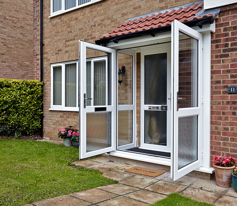 White PVC porch with white patio French doors