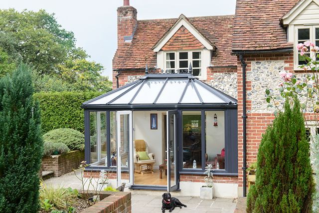 Dual Anthracite grey uPVC Edwardian conservatory with French doors