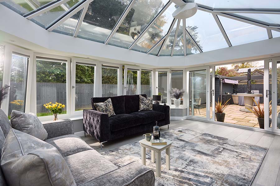 Dual anthracite grey uPVC Edwardian conservatory with Patio doors interior