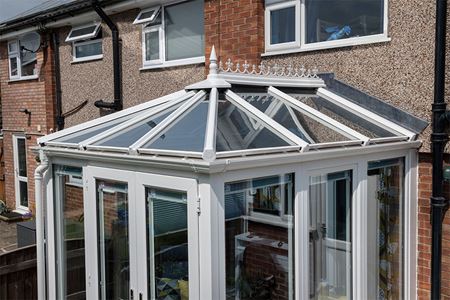 White uPVC Elizabethan conservatory traditional finials