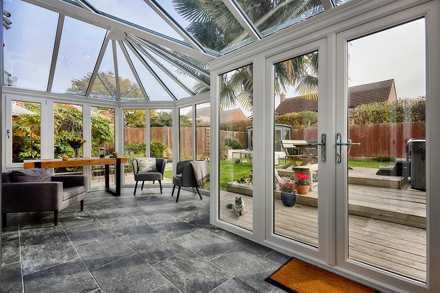 Dual Anthracite grey P shaped conservatory with French doors interior