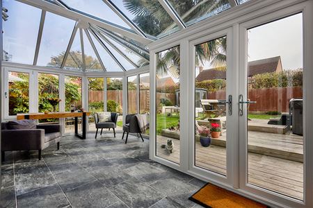 Dual Anthracite grey P shaped conservatory with French doors interior