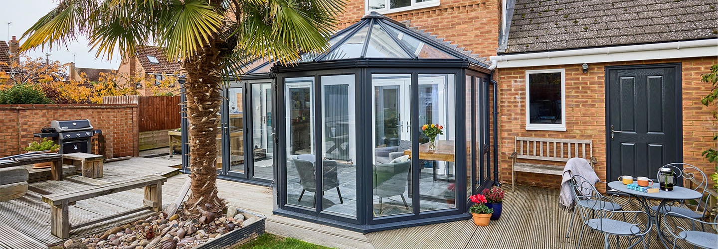 Dual Anthracitre grey P shaped conservatory secondary banner