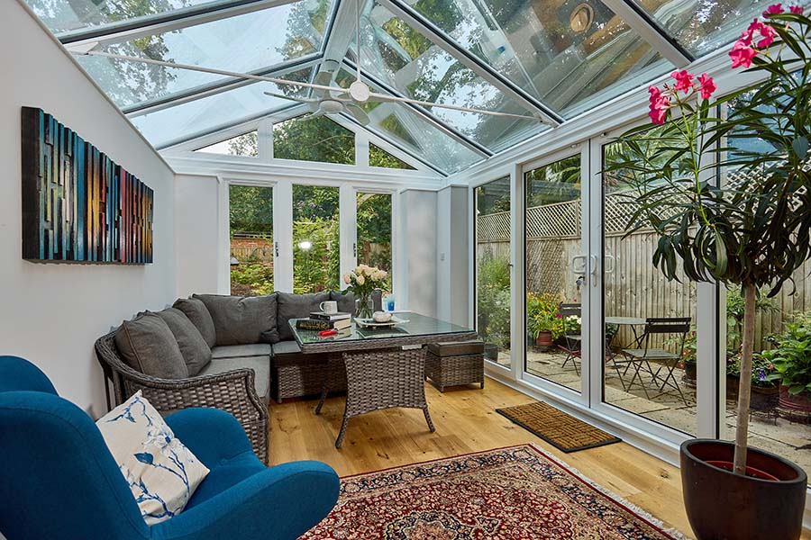 White uPVC gable end regency conservatory interior