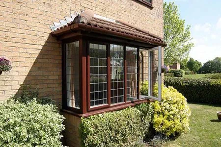 Dark woodgrain uPVC square bay window