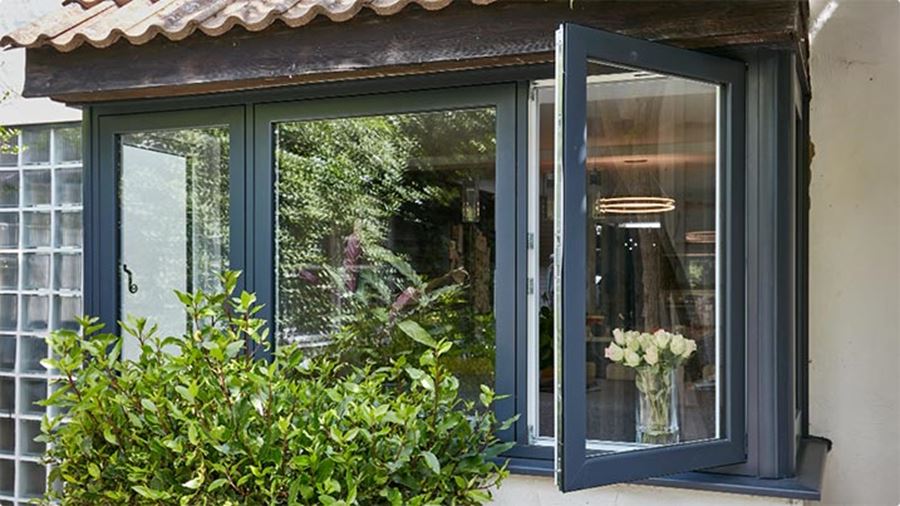 Dual anthracite grey uPVC flush window in open position