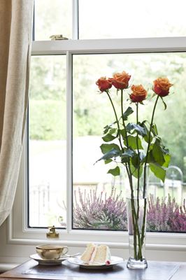 Close up of white timber sash window with double glazing and cottage bars from the Anglian sash window range