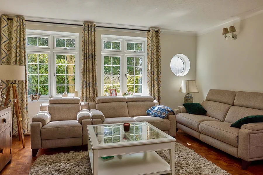 Circular Shaped window in living room interior