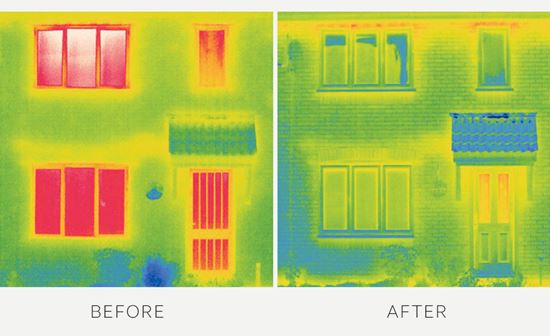 Thermal imaging shots of a house before and after an Anglian window and door installation
